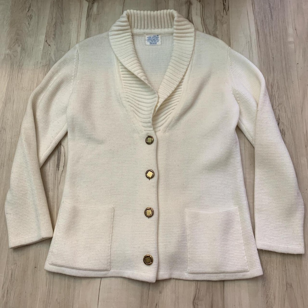 Vintage 1960s Sears Cream Knit Cardigan Gold Buttons Pockets 8627 07 Small